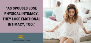 husband and wife sitting on a bed with a quote about losing intimacy in your marriage making your wife mad all the time
