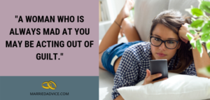 woman texting on her cellphone with a quote about your wife being mad at you because she's hiding an affair