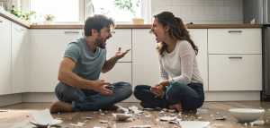 Husband and wife yelling at each other on the kitchen floor with broken plates